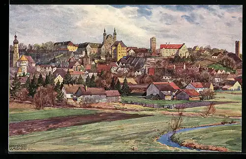 Künstler-AK Landsberg a. Lech, Ortsansicht aus der Vogelschau