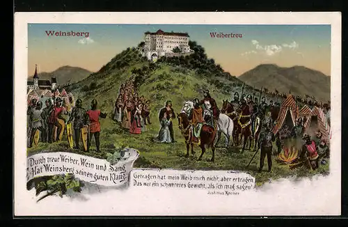 Künstler-AK Weinsberg, Belagerung der Burg Weibertreu durch Kaiser Konrad III.