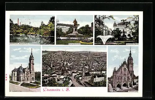 AK Chemnitz, Ortsansicht, Inselbrücke, Schlossteich, Körnerdenkmal, Dresdner Bank, St. Lukaskirche, Jakobikirche