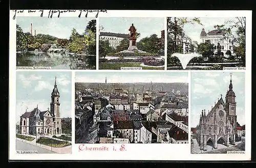 AK Chemnitz, Ortsansicht, Inselbrücke, Schlossteich, Körnerdenkmal, Dresdner Bank, St. Lukaskirche, Jakobikirche