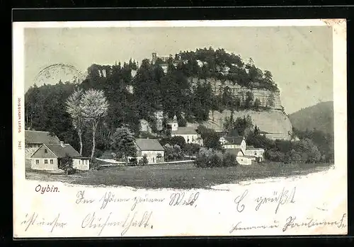 AK Oybin, Ortsansicht mit Felsen