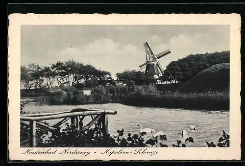 AK Nordseebad Norderney, Napoleon-Schanze mit Windmühle