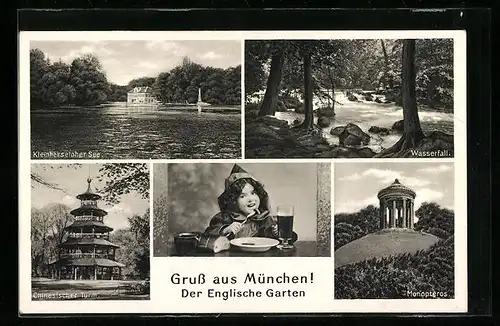 AK München, Englischer Garten, Wasserfall, Monopteros, Chinesischer Turm, Kleinhesseloher See, Münchner Kindl