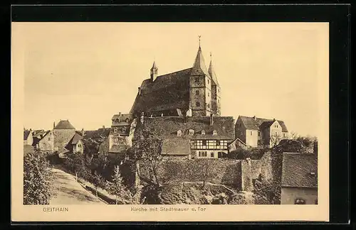 AK Geithain, Kirche mit Stadtmauer und Tor