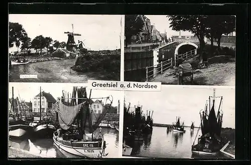 AK Greetsiel a. d. Nordsee, Vier Ansichten vom Ort und Umgebung