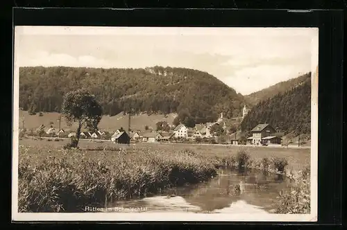 AK Hütten im Schmiechtal, Ortsansicht aus der Ferne