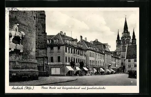 AK Ansbach (Mfr.), Oberer Markt mit Kriegerdenkmal und Gumbertuskirche