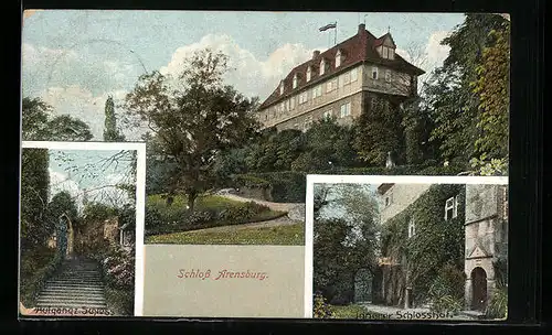 AK Steinbergen, Schloss Arensburg mit Aufgang zum Schloss und innerer Schlosshof