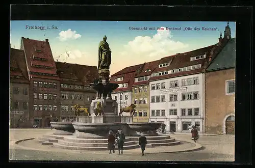 AK Freiberg i. Sa., Obermarkt mit dem Denkmal Otto des Reichen