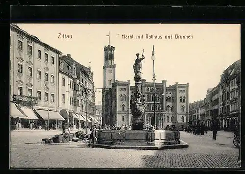AK Zittau, Markt mit Rathaus und Brunnen
