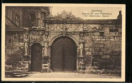 AK Bamberg, Eingang zur alten Hofhaltung mit allegorischen Figuren
