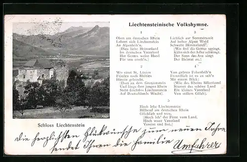AK Vaduz, Schloss Liechtenstein mit Liechtensteinischer Volkshymne