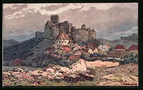 Künstler-AK Rabi, Ortsansicht mit Burgruine