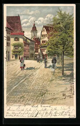 Lithographie Nürtingen, Strassenpartie der Ortschaft