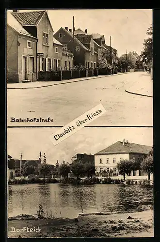 AK Glaubitz /Riesa, Bahnhofstrasse, Dorfteich