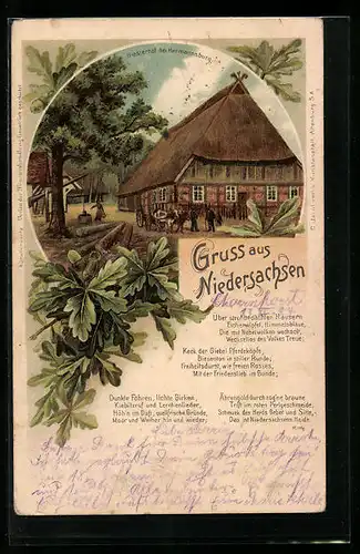 Lithographie Hermannsburg, Hiesterhof mit Reetbedecktem Haus