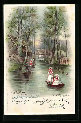 Lithographie Lehde /Spreewald, Wasserstrasse mit Booten und Gebäuden