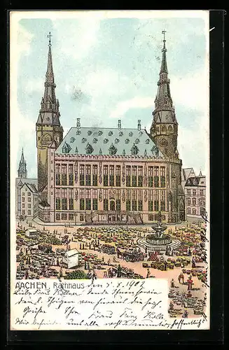 Lithographie Aachen, Marktplatz mit Rathaus