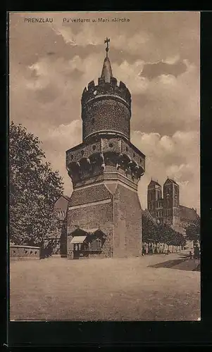 AK Prenzlau, Pulverturm u. Marienkirche