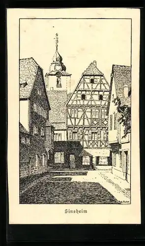 AK Sinsheim, Strassenpartie mit Fachwerkhaus