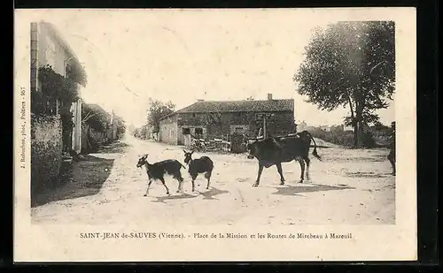 AK Saint-Jean-de-Sauves, Place de la Mission et les Routes de Mirebeau à Mazeuil