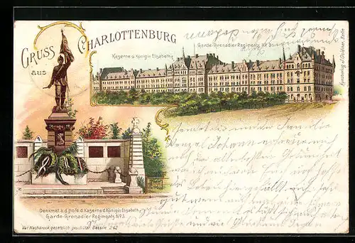 Lithographie Berlin-Charlottenburg, Kaserne v. Königin Elisabeth, Garde-Grenadier Regimets No 3