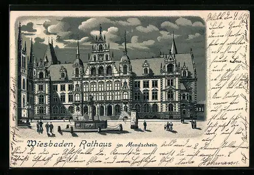 Mondschein-Lithographie Wiesbaden, Rathaus mit Brunnen