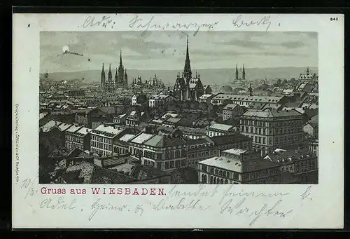 Lithographie Wiesbaden, Ortsansicht aus der Vogelschau