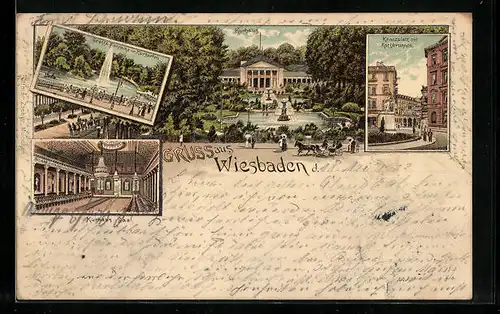 Lithographie Wiesbaden, Kurhaus, Kranzplatz mit Kochbrunnen, Grosse Fontaine im Kurgarten