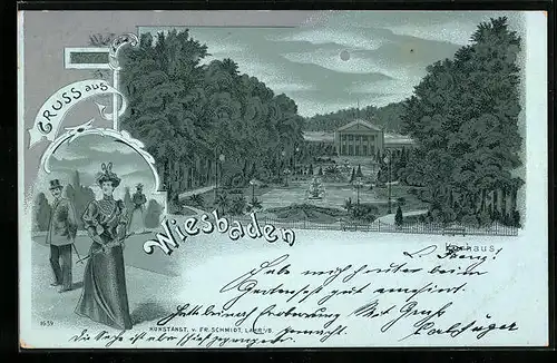 Mondschein-Lithographie Wiesbaden, Blick auf Kurhaus