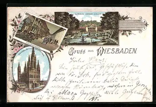 Lithographie Wiesbaden, Curhaus, Colonnaden, Evangelische Hauptkirche