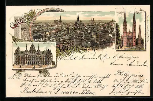 Lithographie Wiesbaden, Ortsansicht, Rathaus, Katholische Kirche und Waterloo-Säule