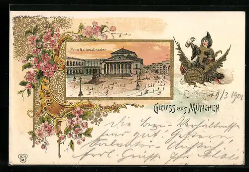 Lithographie München, Hof- und Nationaltheater, Münchner Kindl, Blumenmotiv