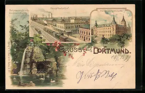 Lithographie Dortmund, Hauptbahnhof, Hauptpostgebäude, Schwanenteich-Kronenburg