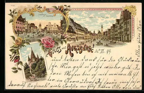 Lithographie Augsburg, Jakoberstrasse mit Jakoberthor, Fünfgradthurm