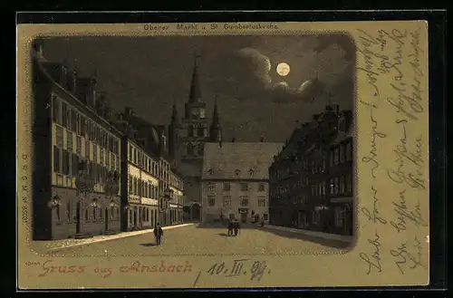 Mondschein-Lithographie Ansbach, Oberer Markt und St. Gumbertuskirche