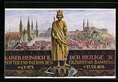 Künstler-AK Bamberg, Ortsansicht, Kaiser Heinrich II.
