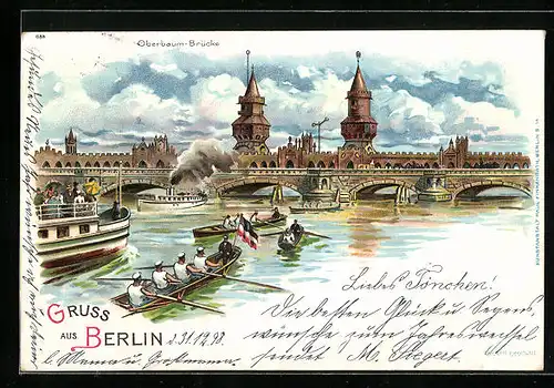 Lithographie Berlin-Friedrichshain, Blick auf Oberbaum-Brücke