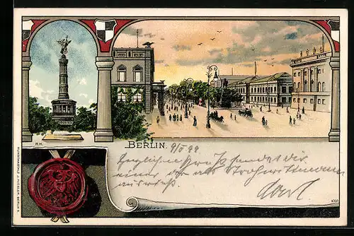 Lithographie Berlin-Tiergarten, Ortspartie, Siegessäule