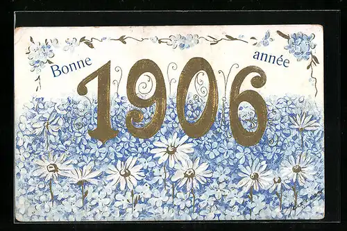 AK Fröhliches Neujahr, Jahreszahl 1906, Blumen