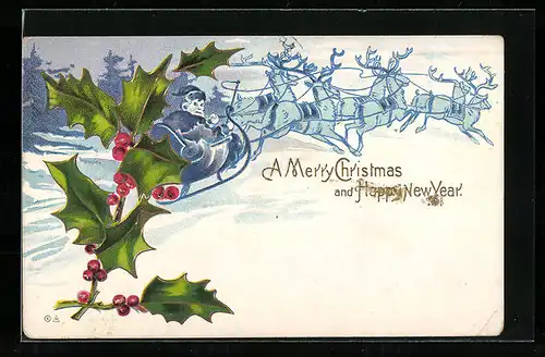 AK Weihnachtsmann im Schlitten, Stechpalmenzweige, Merry Christmas