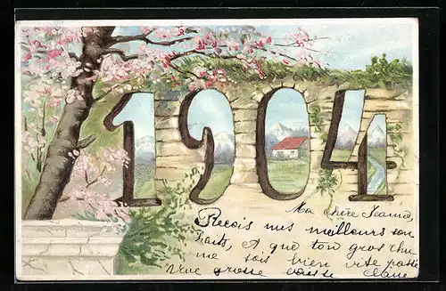 Lithographie Glückliches Neues Jahr, Jahreszahl 1904, Kirschblütenbaum