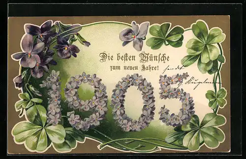 AK Jahreszahl 1905 mit Kleeblättern und Veilchen