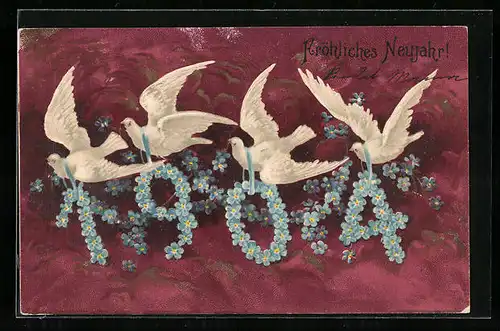 Lithographie Jahreszahl 1904, Tauben mit blauen Blüten