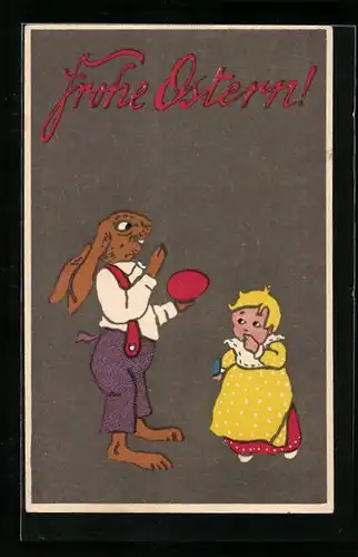AK Osterhase beschenkt kleines Kind