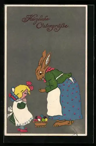 AK Osterhase beschenkt kleines Kind