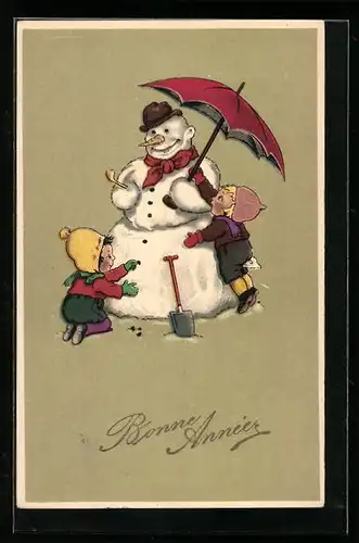 AK Kinder bauen Schneemann mit Schirm