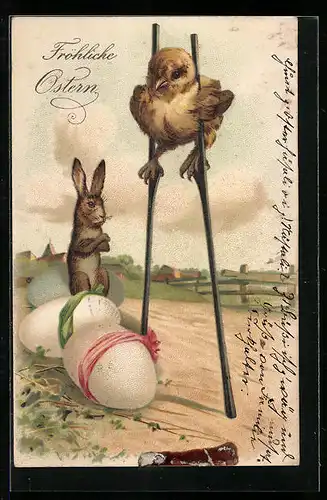 AK Osterhase und Küken auf Stelzen