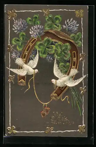 AK Hufeisen mit Tauben und Kleeblatt