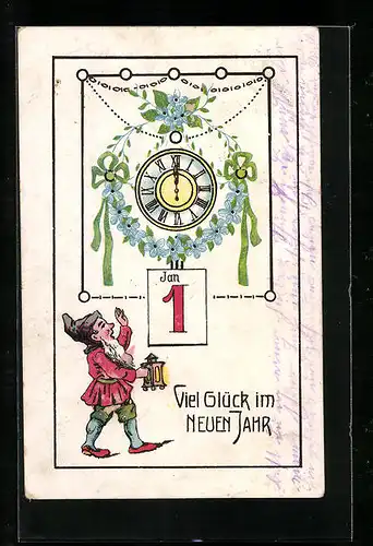 AK Zwerg mit Uhr zu Mitternacht